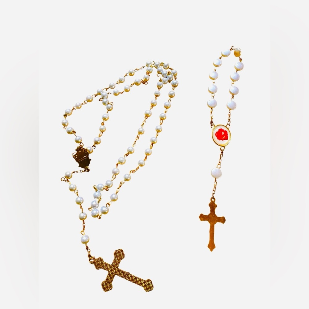 Vtg Rosary Cross Necklace & Bracelet NRI Faux Pearl Gold Tone Italy Religious. - Picture 5 of 11